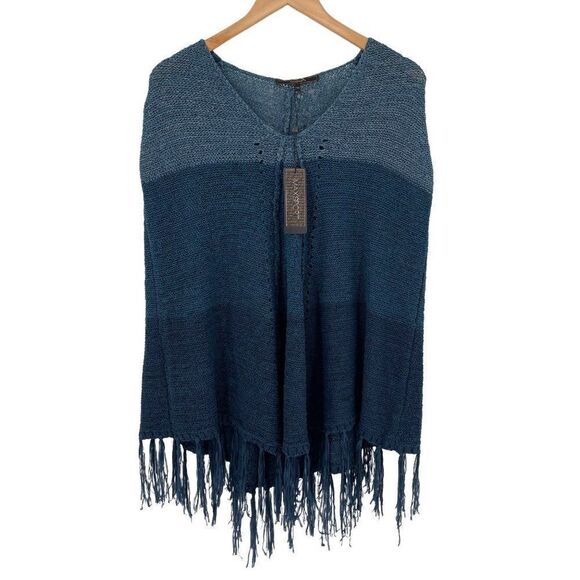 Max Sport Dark Ink Combo Fringed Poncho Sweater V-Neck S/M Blue MX13506-1 NWT - Picture 1 of 11